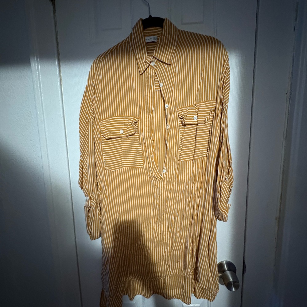 Yellow Striped Button-Up Shirt Dress
